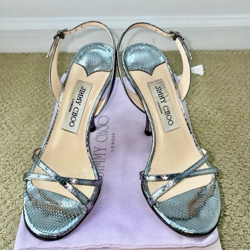 Jimmy Choo Palladium Metallic Snakeskin Jasmin Strap Sandal 34.5